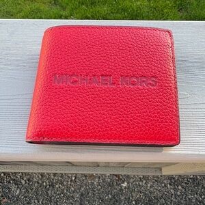 NWT Michael Kors Red Pebbled Leather Cooper Wallet Billfold with Coin Pouch